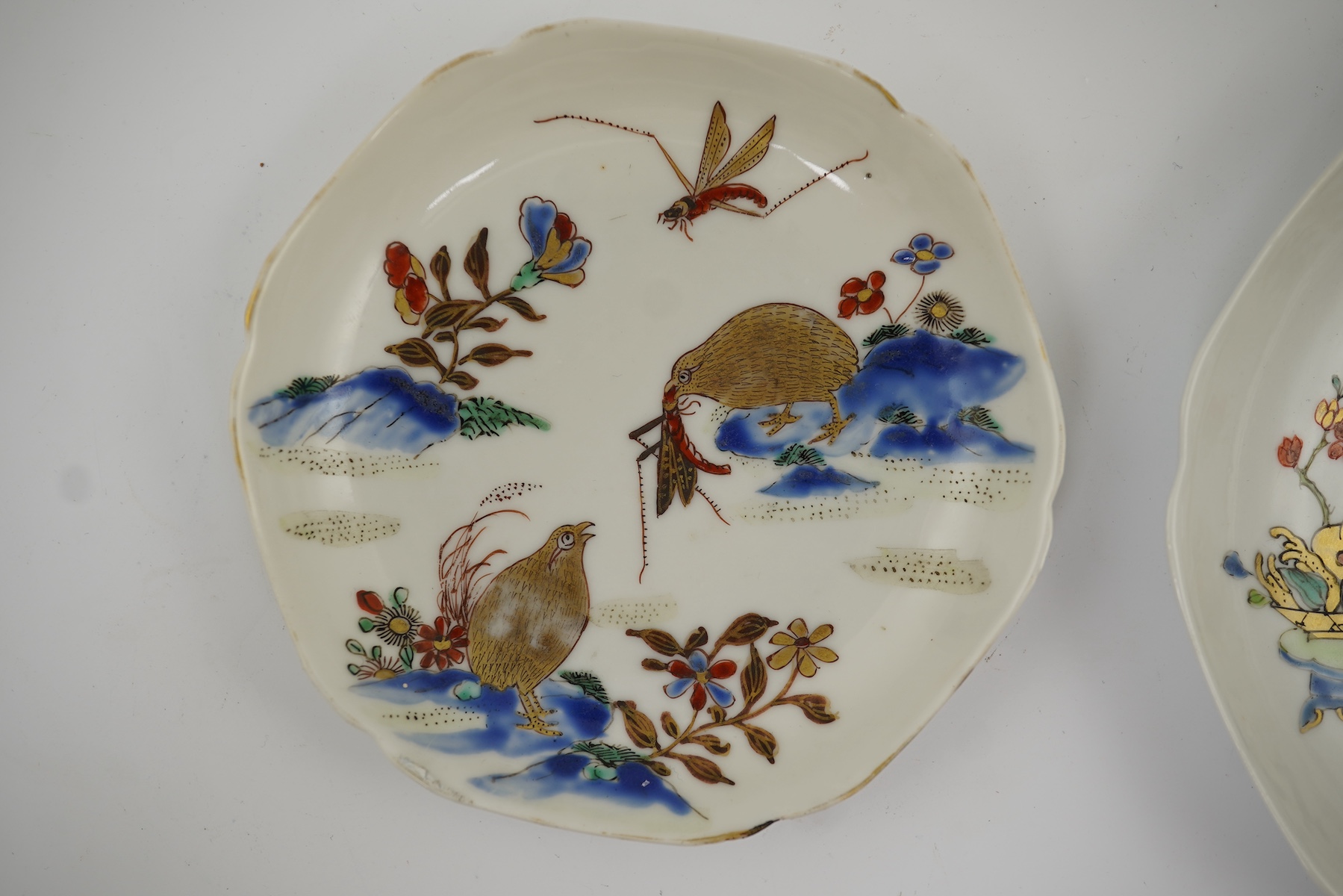 Two Chinese semi-eggshell porcelain hexagonal saucers and a similar cup, Yongzheng/Qianlong period
